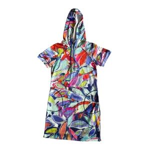 Claire Deshardins S abstract multicoloured pocketed short sleeve hoodie dress